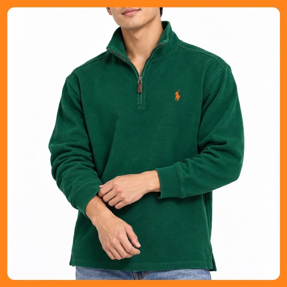 Polo Ralph Lauren 1/4 Zip Pullover XL Green Cotton Estate Rib Orange Pony Y2K